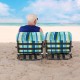 Low folding beach chairs with blue cushion, perfect for outdoor use, providing comfort and stability on the sand.