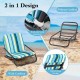 Low folding beach chair with cushion, blue stripes, featuring a lightweight aluminum frame for outdoor comfort and.