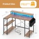 L-shaped gaming desk in rustic brown with LED lights, power outlets, and adjustable shelves for optimal workspace.