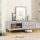 Gray TV stand featuring a wide countertop, spacious compartment, and dual drawers, ideal for a 55-inch TV.