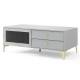 Gray TV stand with compartment and drawers, featuring elegant design and gold legs, perfect for 55-inch TVs.