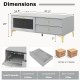 Gray TV stand with compartment and drawers, featuring a wide countertop for 55-inch TVs and elegant tempered glass.