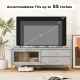 Gray TV stand with ample space for TVs up to 55 inches, featuring drawers and a compartment for storage.