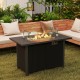 Black propane gas fire pit table with wind guard and glass rocks, designed for outdoor warmth and elegance.