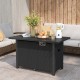 Black propane gas fire pit table with removable lid, wind guard, and glass rocks, perfect for outdoor gatherings.