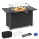 Black propane gas fire pit table with wind guard, 50,000 BTU output, and removable lid for versatile use.