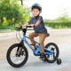 16-inch kids bike in blue with adjustable saddle, training wheels, and dual disc brakes for ages 4 to 7.
