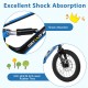 Close-up of the shock absorber and rubber tire on a 16-inch kids bike, featuring excellent shock absorption for smooth.