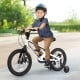 16-inch kids bike with adjustable saddle, magnesium alloy frame, training wheels, and dual disc brakes for safety.