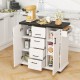Rolling kitchen island cart in white with storage cabinets, drawers, and a large countertop for organized kitchen use.