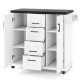 Rolling kitchen island cart with white storage cabinets, four drawers, and a black countertop on wheels for easy.