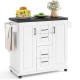 Rolling kitchen island cart in white with storage cabinets, drawers, and a wood-like countertop for organized kitchen.