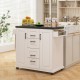 Rolling kitchen island cart in white with storage cabinets, drawers, and a large countertop for kitchen organization.