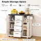 Rolling kitchen island cart in white with large countertop, 4 drawers, spice rack, and towel rack for organized storage.