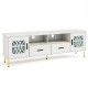 71-inch white TV stand with glass doors, faux marble top, ample storage, and cable management for up to 80-inch TVs.