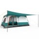 Spacious 8-10 person camping tent in green with double rooms, mesh doors, and a porch for outdoor relaxation.