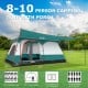 8-10 person camping tent with porch, featuring dual rooms, mesh windows, and waterproof design for outdoor comfort.