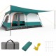 Spacious 8-10 person camping tent in green with double rooms, mesh doors, and porch for outdoor relaxation.