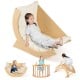 Kids climbing arch with cushion in beige, designed for toddlers to climb, rock, and relax safely and comfortably.