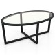 Oval glass coffee table with a sleek curved edge and black cross base, ideal for modern living room aesthetics.