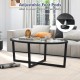 Oval glass coffee table with acacia wood legs and cross base, featuring adjustable foot pads for enhanced stability.