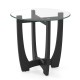 Round end side table with tempered glass tabletop, black rubber wood frame, and stable X-shaped design for contemporary.