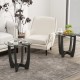 Round end side table with tempered glass tabletop and black rubber wood frame, perfect for contemporary living spaces.