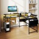 L-shaped gaming desk in black with LED lights, power outlets, and ergonomic monitor stand for home office use.