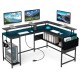 L-shaped gaming desk in black with LED lights, power outlets, and ergonomic monitor stand for enhanced workspace.