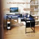 L-shaped gaming desk in black with LED lights, under-desk storage shelf, and headphone hook for organized workspace.