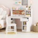 Kids desk and chair set in white with hutch, side shelf, and cork board, perfect for study and play in children's rooms.
