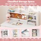 Kids desk and chair set in white featuring upper shelves, 3-layer side shelf, and storage drawer for organized play and.