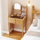 Compact 23.5-inch bamboo vanity desk with mirror, featuring 3 shelves and 2 drawers for organized makeup storage.
