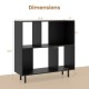 Open shelf bookcase in black with dimensions, featuring 4 compartments and heavy-duty metal legs for stability.