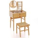 Small bamboo vanity desk with mirror, 2 drawers, and stool, ideal for compact spaces and organized storage.