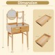 Small vanity desk with mirror and two drawers, made of bamboo, featuring a glass tabletop for easy item visibility.