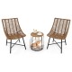 Two ergonomic brown rattan chairs with a side table featuring a pet house, perfect for outdoor patio relaxation.