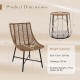Brown rattan chair and side table with dimensions, featuring ergonomic design and pet-friendly cushion for outdoor use.