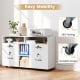 Mobile lateral filing storage organizer in white with lockable drawers and 360° rolling casters for easy mobility.