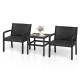 Two black rattan armchairs with a square side table, perfect for outdoor patio use and stylish relaxation.