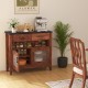 Coffee bar cabinet in brown with faux marble top, featuring 2 drawers, 2 door cabinets, and an open shelf for storage.