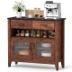 Coffee bar cabinet in brown with a faux marble top, showcasing a middle open shelf and two adjustable shelves for.
