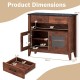 Coffee bar cabinet with faux marble top, two drawers, and open compartment, featuring elegant wood grains and.
