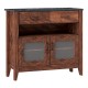 Brown coffee bar cabinet with faux marble top, featuring two drawers, two doors, and a spacious middle open shelf for.