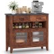Coffee bar cabinet in brown with faux marble top, showcasing elegant wood grains and a spacious middle open shelf for.
