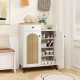 2-door shoe rack organizer in white with a drawer, 6 removable shelves, and laser-engraved pattern for stylish storage.