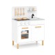 Kids kitchen playset in white with dual stoves, storage, and cooking accessories for imaginative role-playing fun.