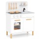 Kids kitchen playset in white with dual stoves, storage, and cooking accessories for imaginative role play.
