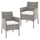 Two outdoor PE rattan armchairs with white seat cushions, featuring a sturdy frame and cozy design for patio relaxation.