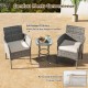 Two outdoor PE rattan armchairs with soft white cushions, perfect for patio relaxation and durable against weather.